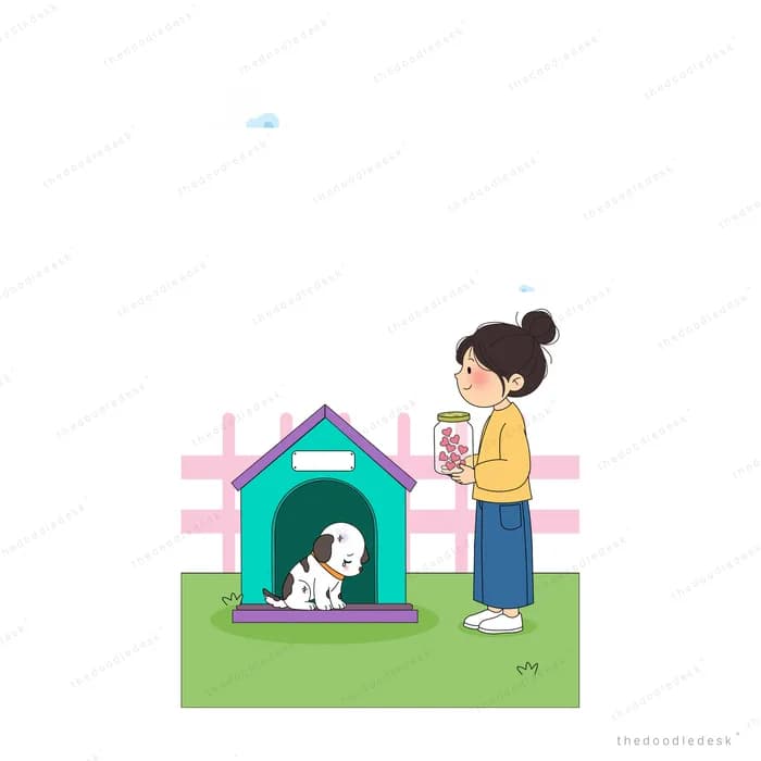 Girl looking startled beside a kennel with a dog inside