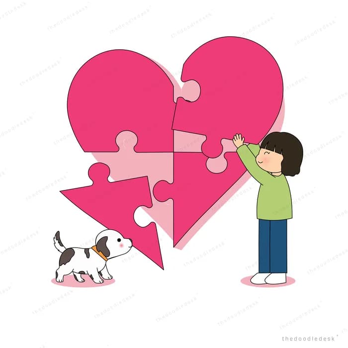 Children fitting puzzle pieces into a big pink heart while a dog watches