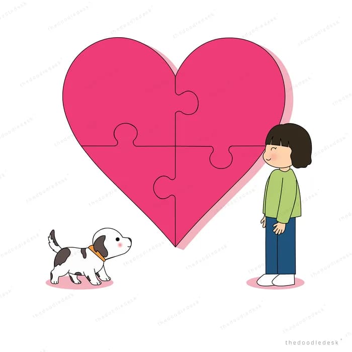 Boy and girl assembling a giant heart puzzle with a dog beside them