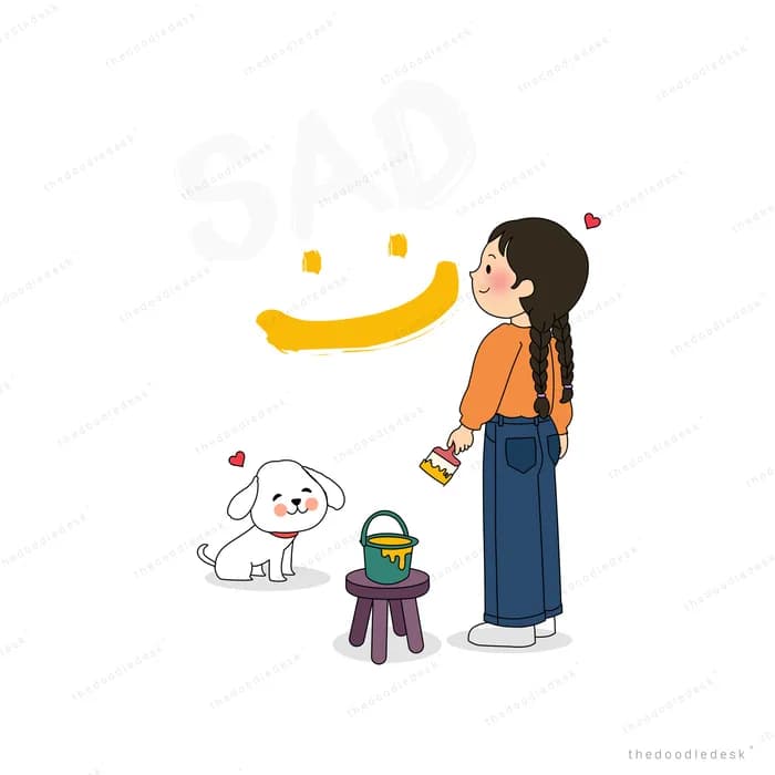 Girl holding up a yellow crescent with hearts as a dog looks on