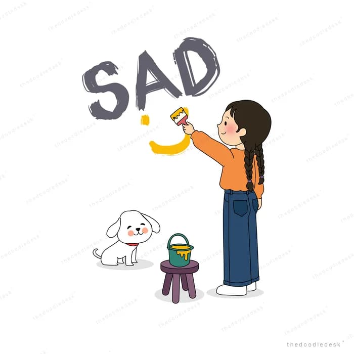 Girl reaching toward a dark grey shape above her with a dog nearby