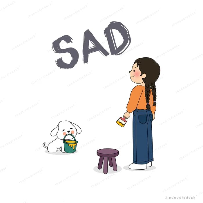 Girl standing beside a stool and a white dog under a dark shape