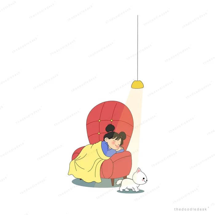 Girl in yellow curled against a red shell chair with a rabbit under a hanging lamp