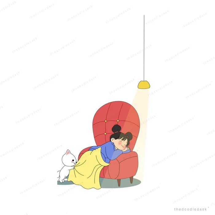Girl leaning on a red shell chair beside a white rabbit and a pendant lamp