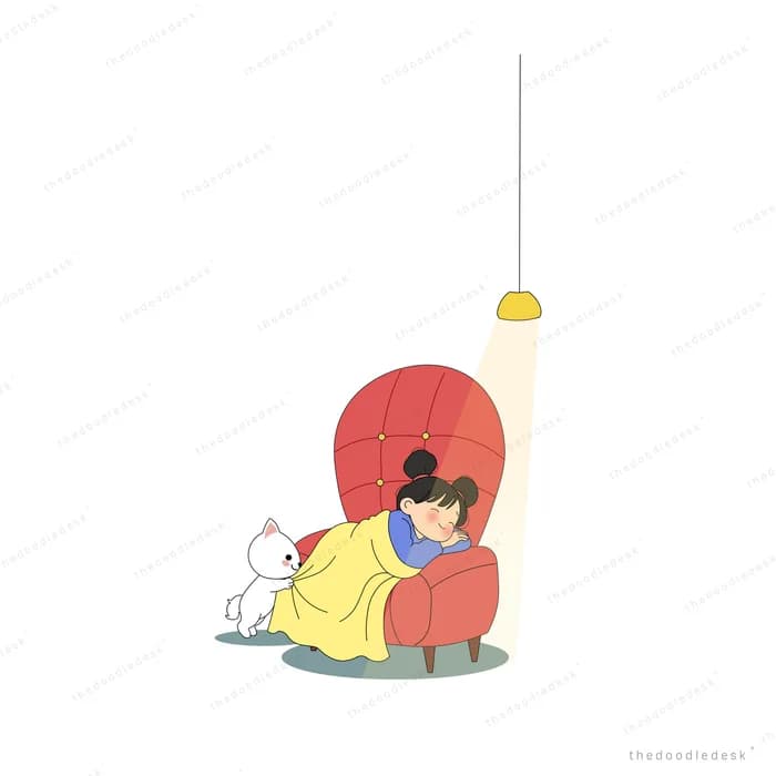 Girl in a yellow dress seated against a red shell with a rabbit beside her