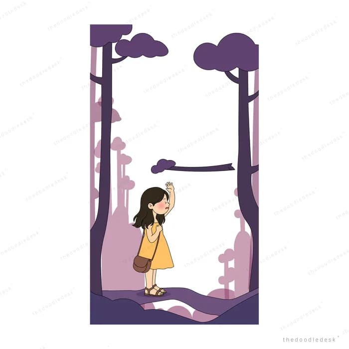 Girl walking a dog along a path lined with purple trees and lamps