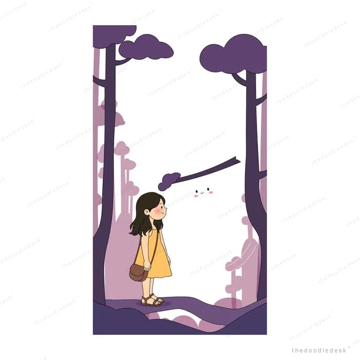 Girl and her dog on a purple tree lined path under a street lamp