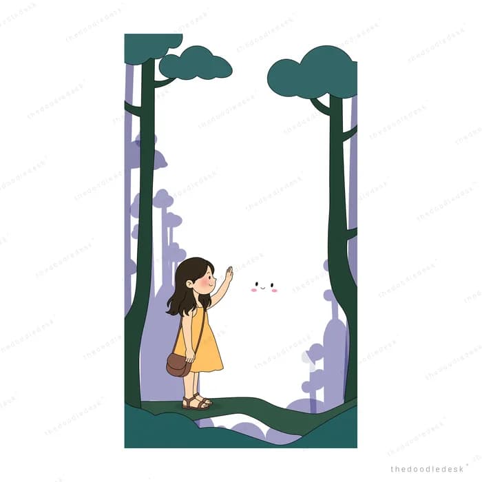 Girl and a dog on a path between green and purple trees