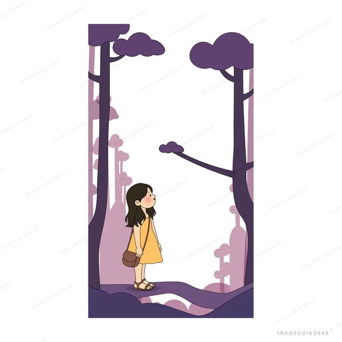Girl pausing with her dog under a lamp on a purple tree path