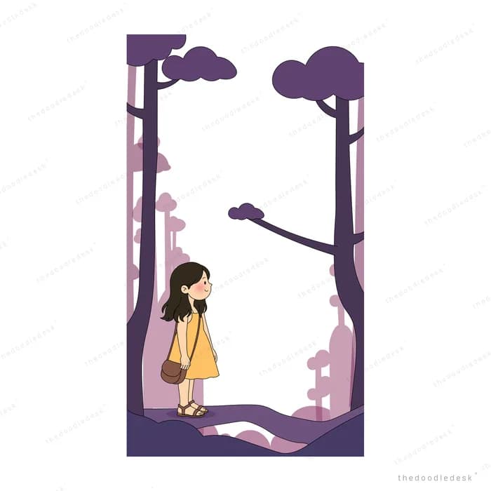 Girl and dog small against tall purple trees along a curving path