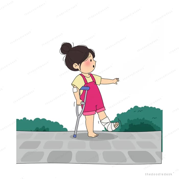 Girl on crutches with a bandaged leg walking a stone path with a dog