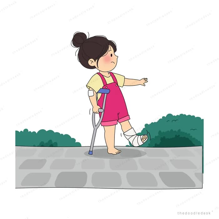 Girl on crutches with a bandaged leg walking a small white dog along a stone path
