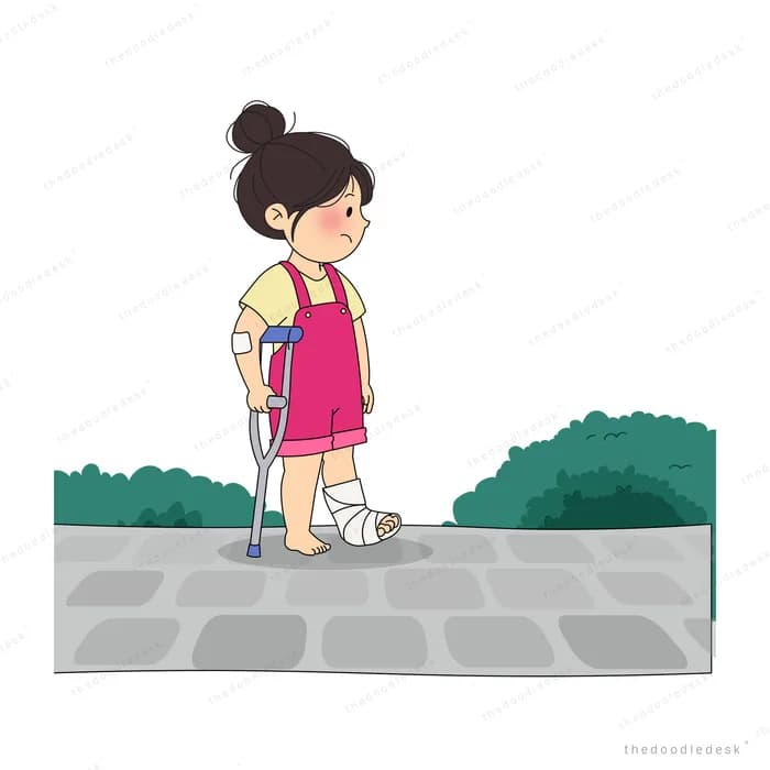 Girl on crutches with a bandaged leg standing on a stone path while a white puppy runs beside her
