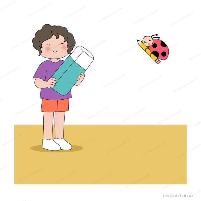 Boy hugging a giant teal pencil on a yellow banner block while a ladybug flies past