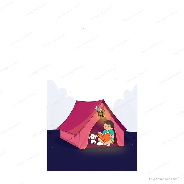 Child reading a book inside a small pink camping tent with a puppy at night