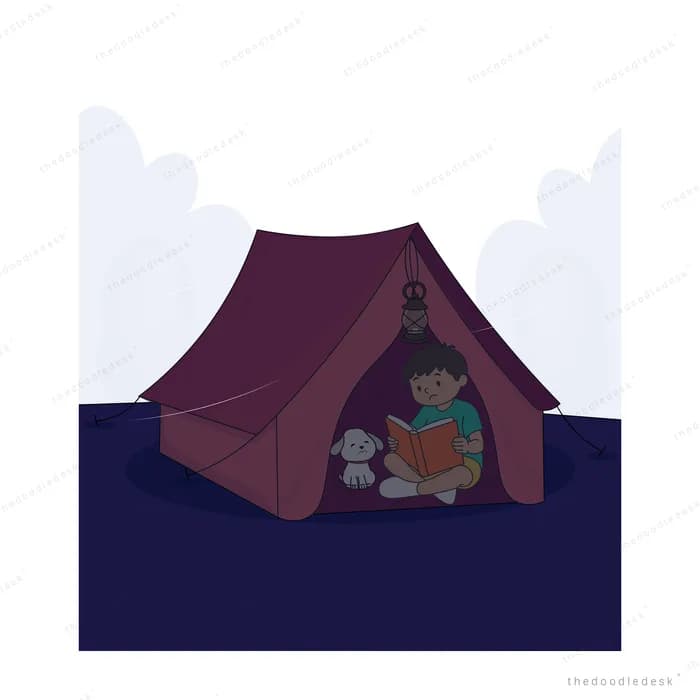 Child reading a book inside a dark maroon tent with a white puppy under grey clouds