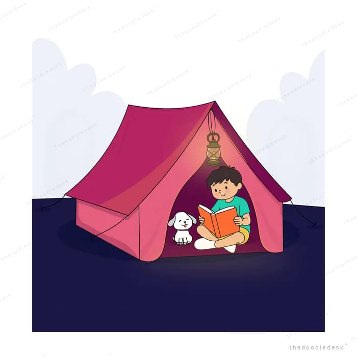 Child reading a book by fairy lights inside a bright pink tent with a white puppy