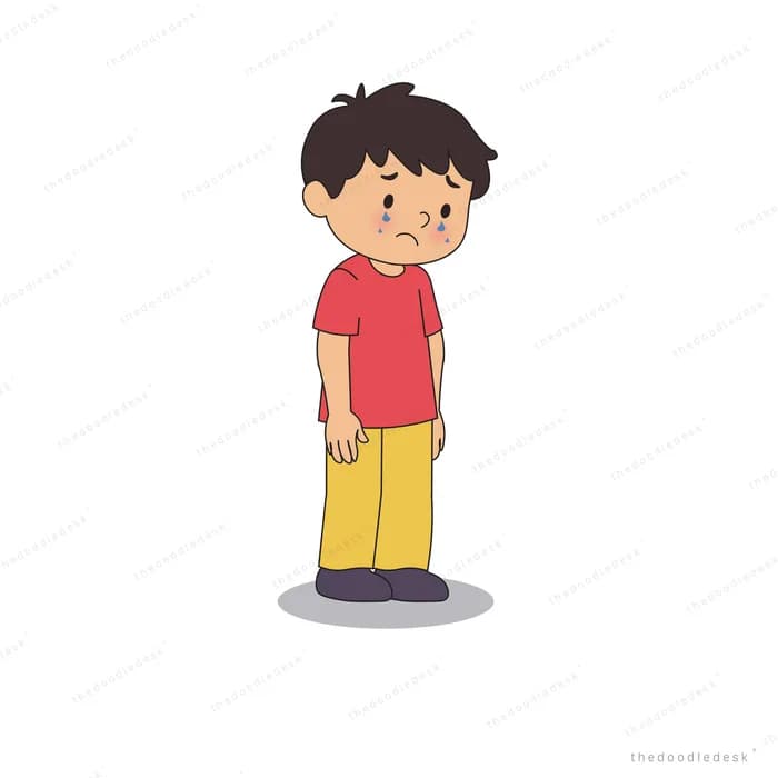 Boy in a red t-shirt frowning with his arms down while a bird flies above him
