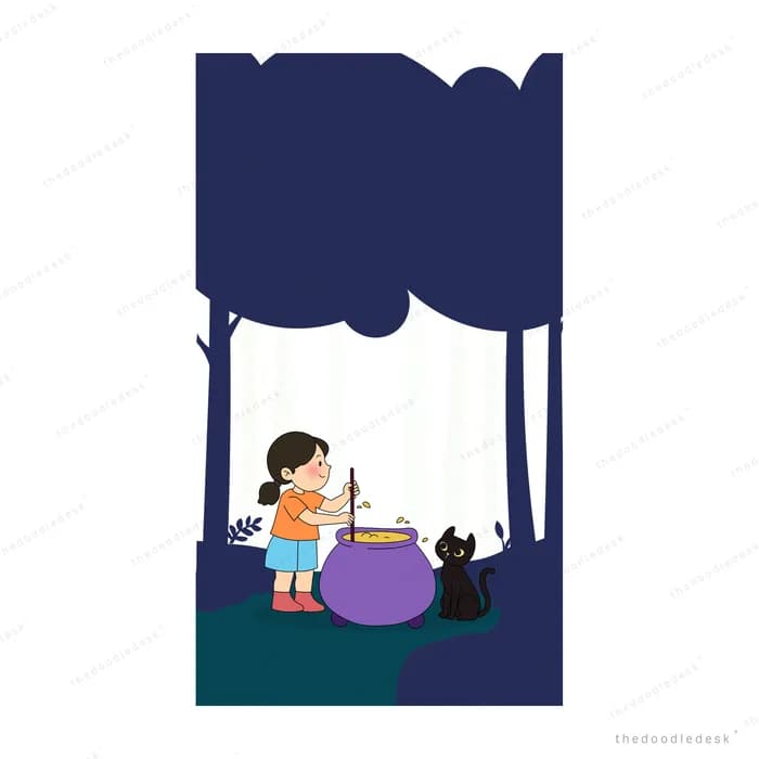 Girl stirring a purple cauldron beside a black cat under a large dark cloud