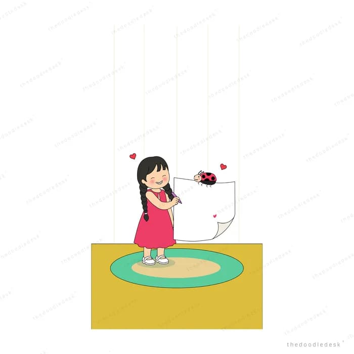 Girl holding a red rose and a letter with little hearts floating and a ladybug nearby