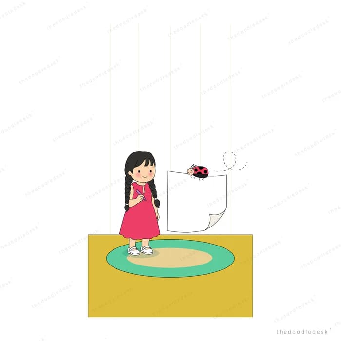 Girl holding open a large white letter with a ladybug perched on its corner