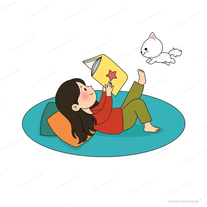 Woman lying on a round teal rug reading a yellow book while a white puppy leaps away