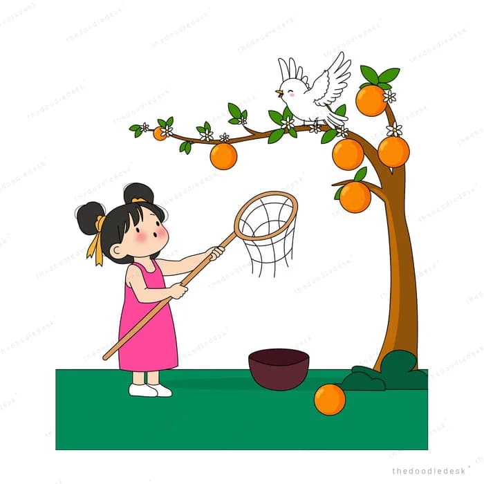 Girl in a pink dress raising a long-handled net towards an orange tree where a white bird perches