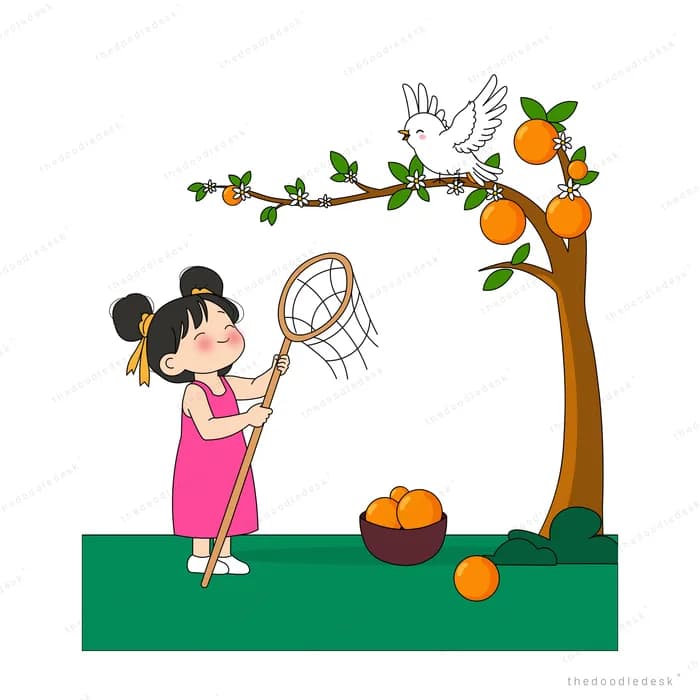 Girl with a net standing beside a bowl heaped with oranges under the tree