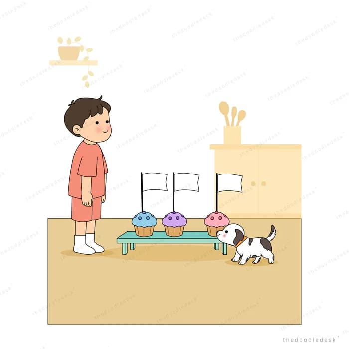 Masked boy watching a puppy trot past his bench of cupcakes and blank signs