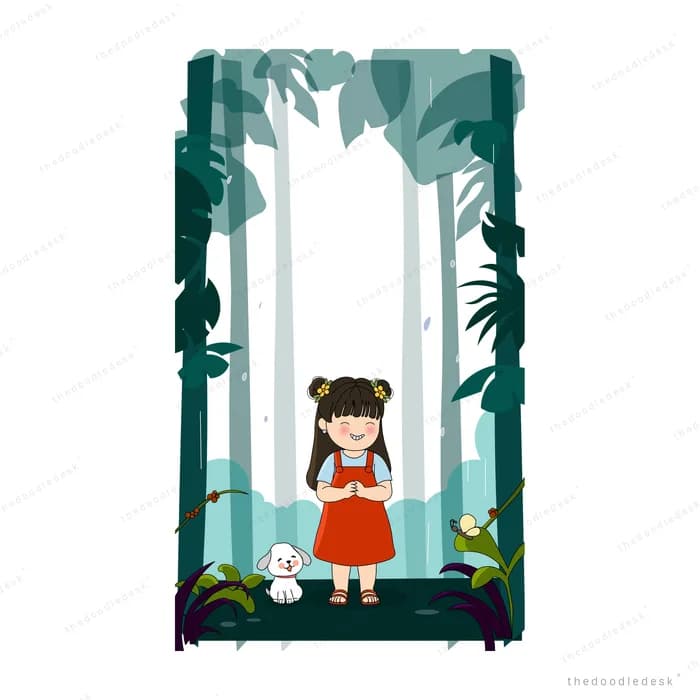 Girl in a red dress standing in a teal forest beside a small white rabbit