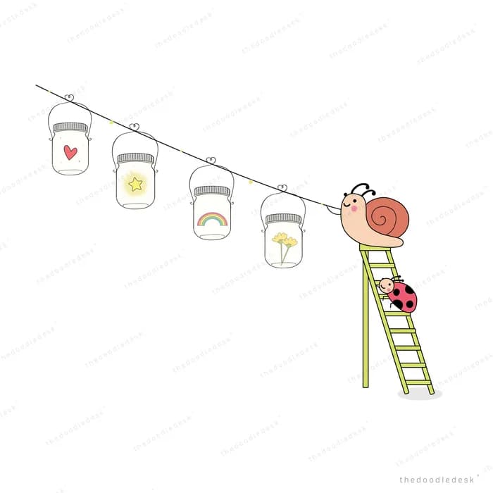 Man on a green stepladder pegging little cards of a heart lightbulb and rainbow onto a washing line while a ladybug climbs the rungs