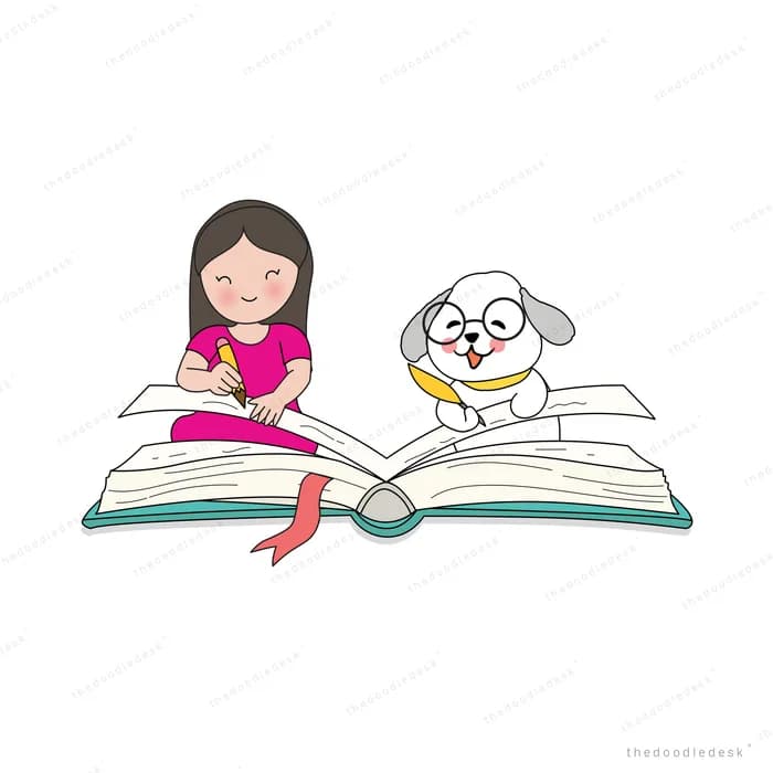Girl in a graduation cap writing on a giant open book beside a cat in round glasses