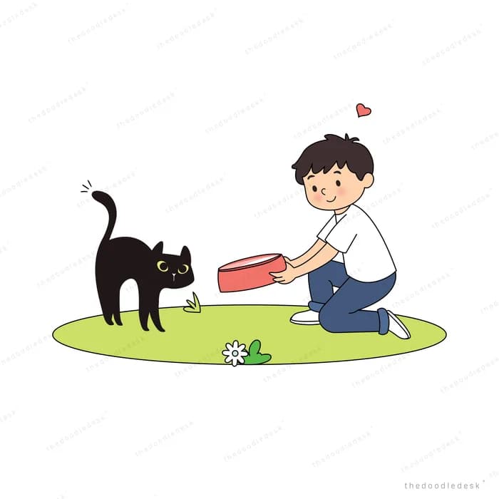 Boy kneeling on the grass offering a red bowl of food to a black cat