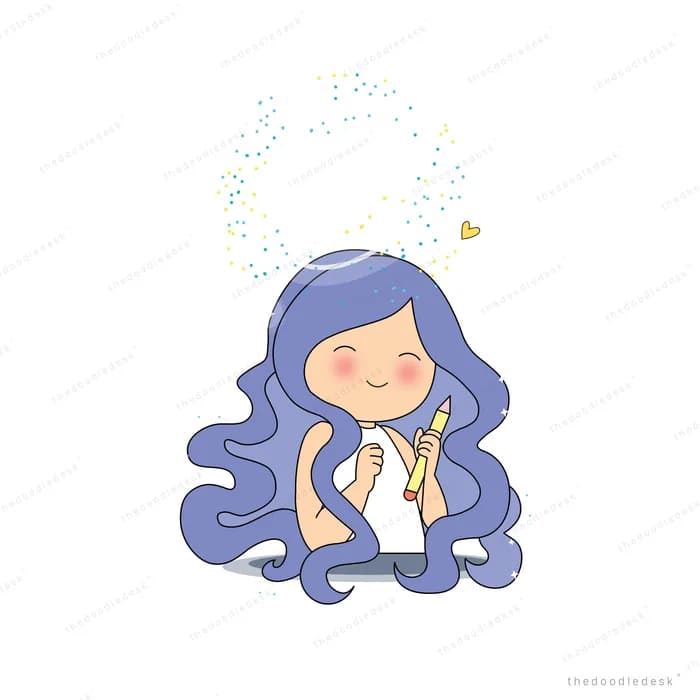 Woman with long lavender hair kneeling to cradle a small white cat under a glow of sparkles