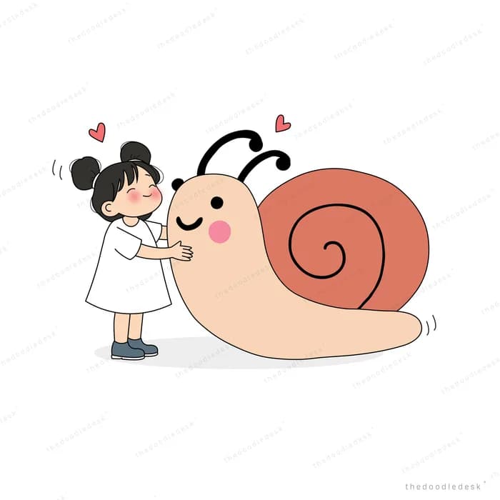 Girl in a white dress stroking a giant smiling snail with hearts above them