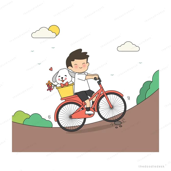 Boy cycling a red bicycle up a brown slope with a white dog in the front basket