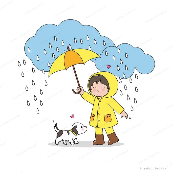 Girl in a yellow raincoat holding an umbrella in the rain beside a spotted dog