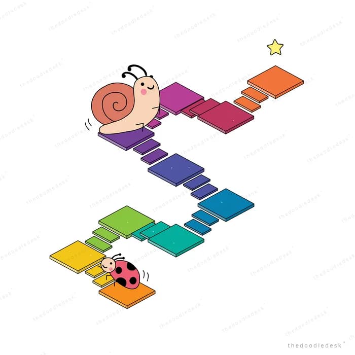 Large-headed character climbing a zigzag rainbow staircase toward a star with a ladybug below