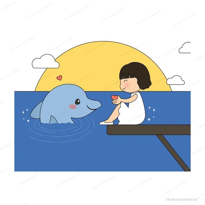 Girl sitting on a jetty feeding a dolphin in blue water at sunset