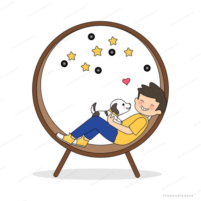 Boy lounging in a round hanging chair cuddling a puppy while stars drift above