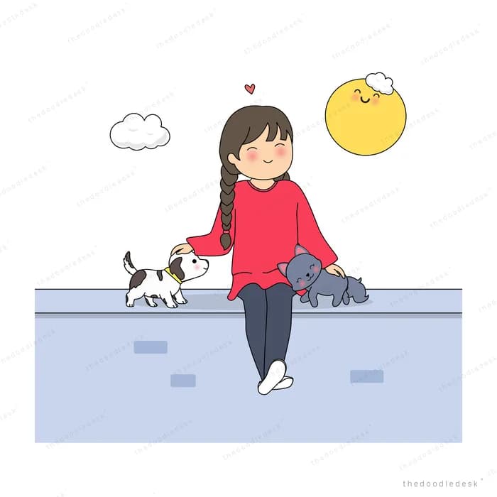 Girl in a red jumper sitting on a stone ledge with a puppy and a cat while holding a glowing smiling sun on a stick