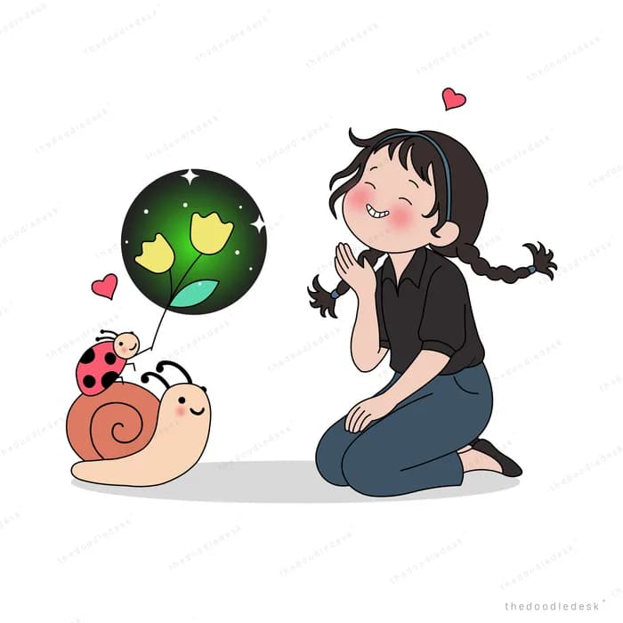 Girl kneeling and laughing beside a snail carrying a ladybug that holds a dark orb of glowing yellow tulips